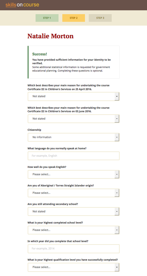 Figure 453. Step 2: The student completes the AVETMISS questions.