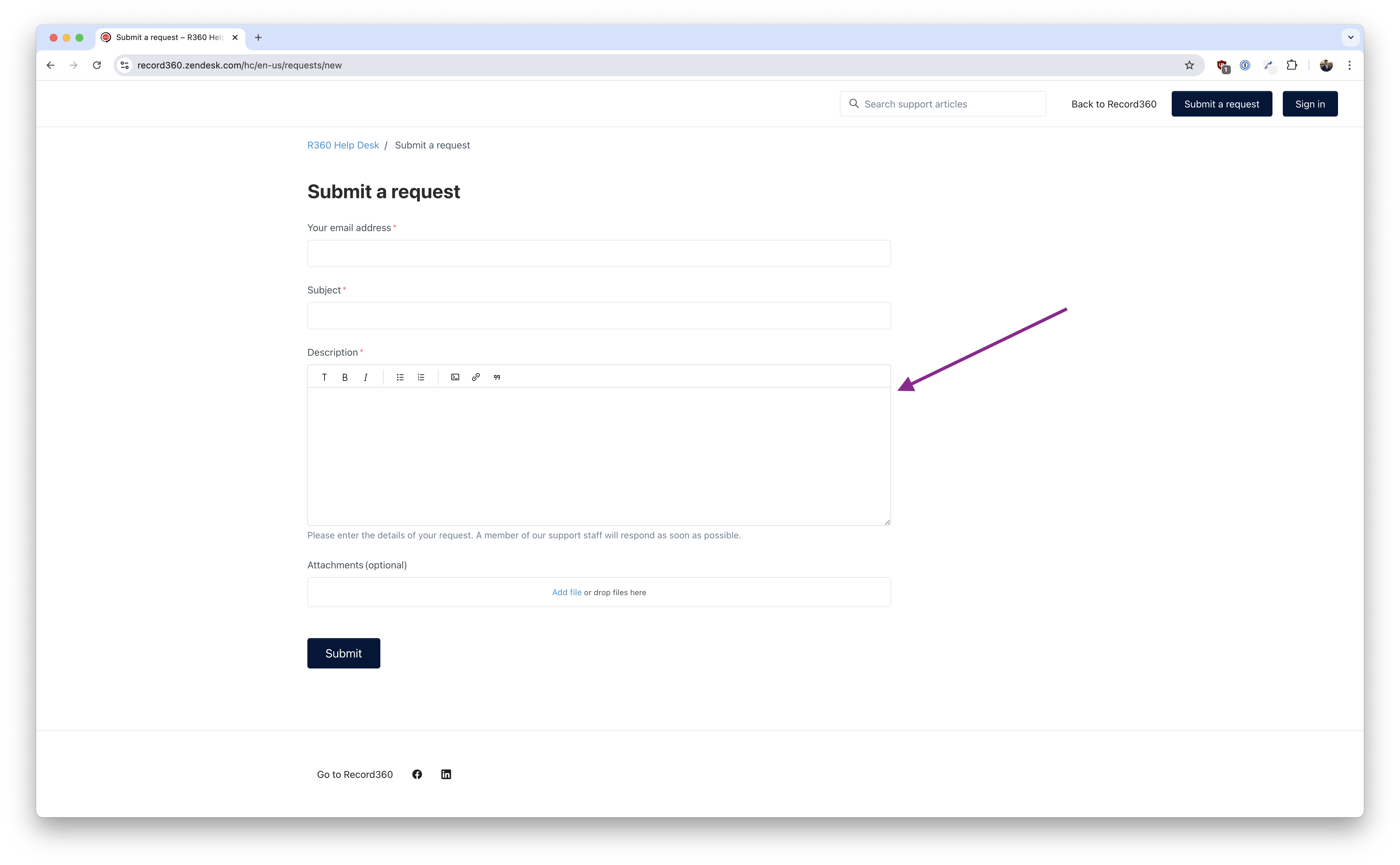 Image of Record360's submit a support request page by Zendesk.