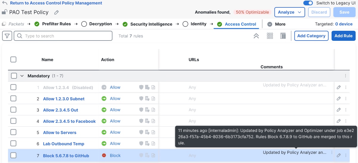 Rule comment example in Firewall Management Center