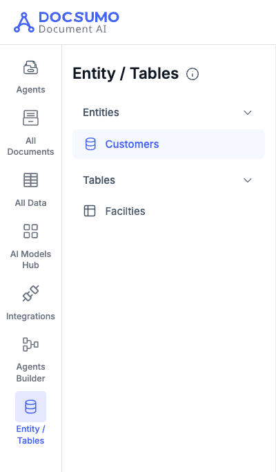 Entity / Tables in the left navigation