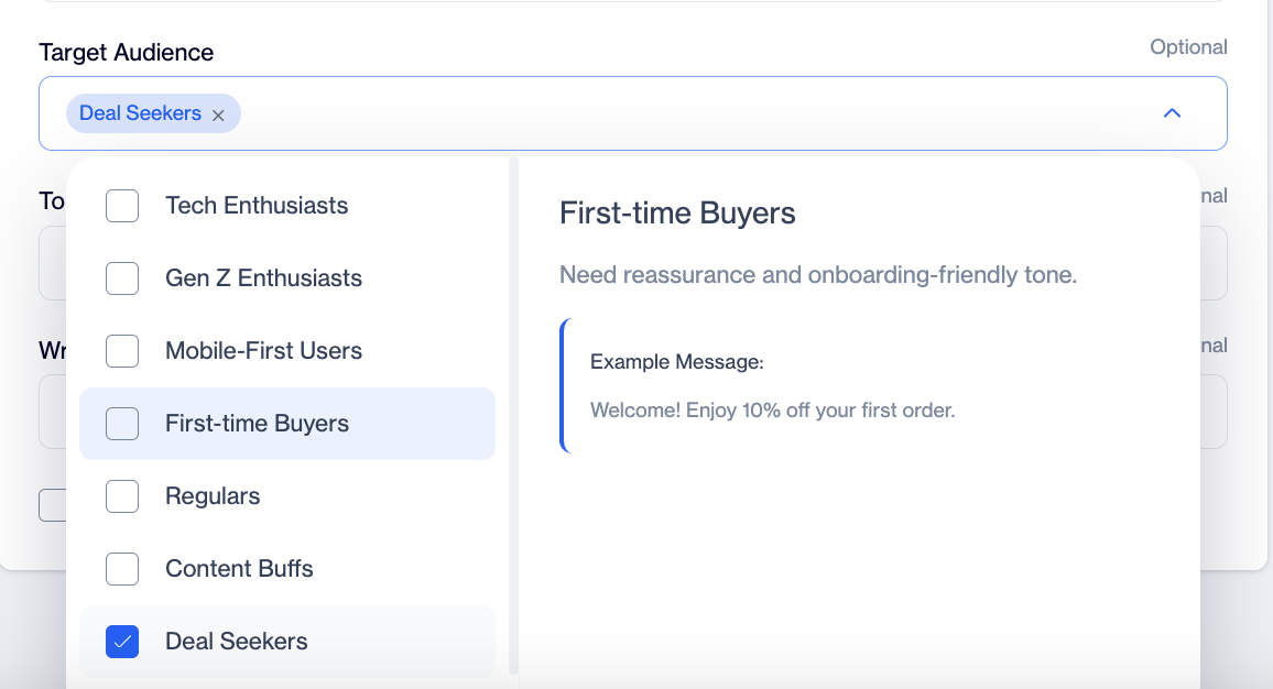 Target Audience dropdown open on the Create AI Brand Persona screen, listing eight audiences with checkboxes and a side panel that shows the description and an example message for the highlighted audience.