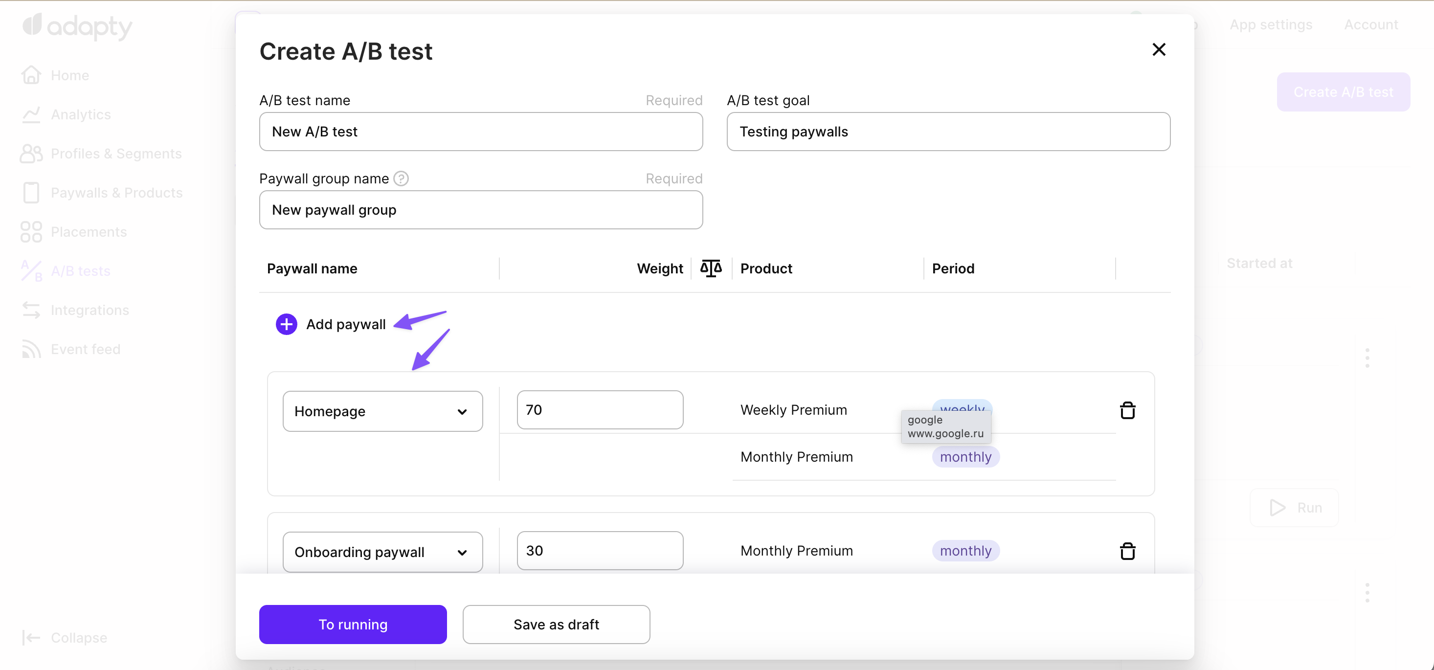 Create a new A/B test with Paywalls