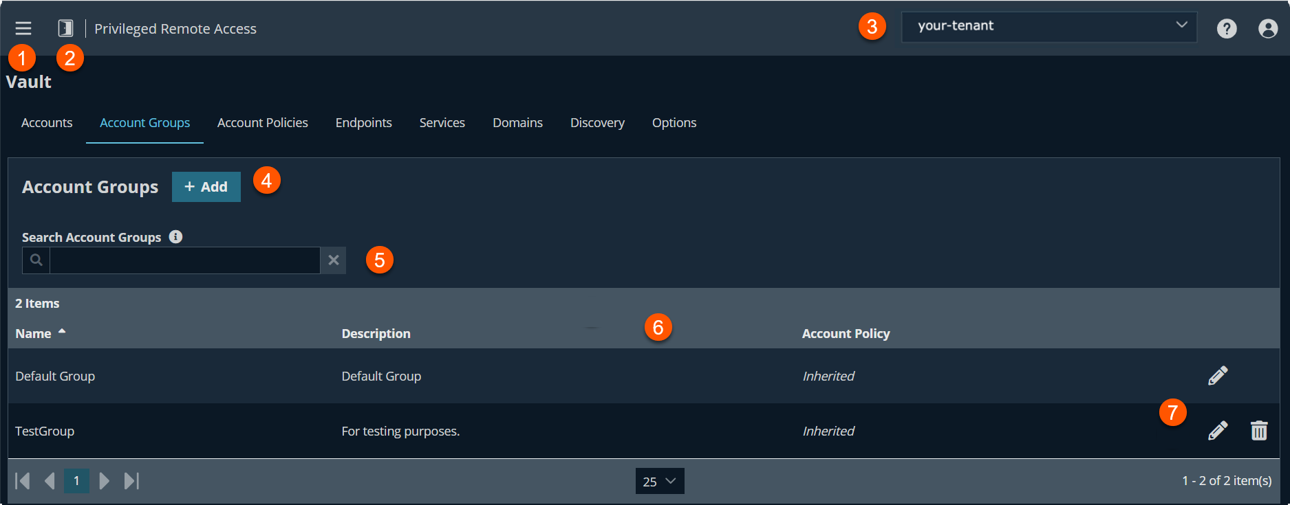 The image shows a user interface for managing account groups in a privileged remote access vault. The interface includes navigation elements, account group listings, and options to add or edit groups.