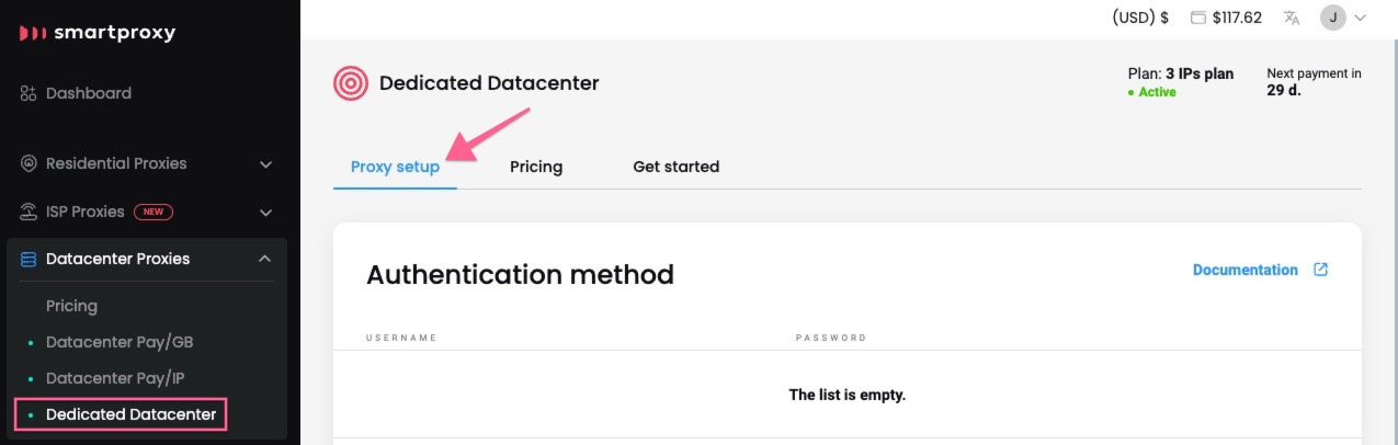 The Proxy setup section.