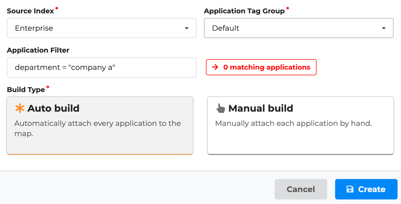 Map creation form limiting map to applications that match `Application Filter`
