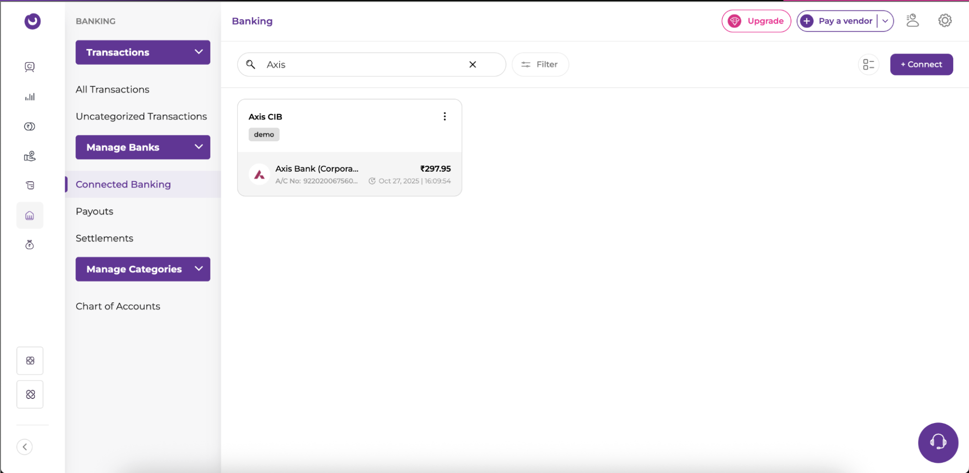Linked Axis Bank account on the Banking page