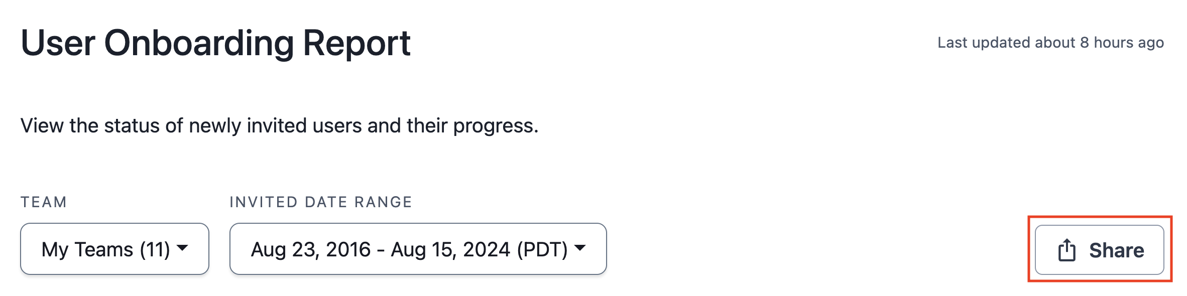 A screenshot of the PagerDuty UI indicating where to click to share the User Onboarding Report's URL