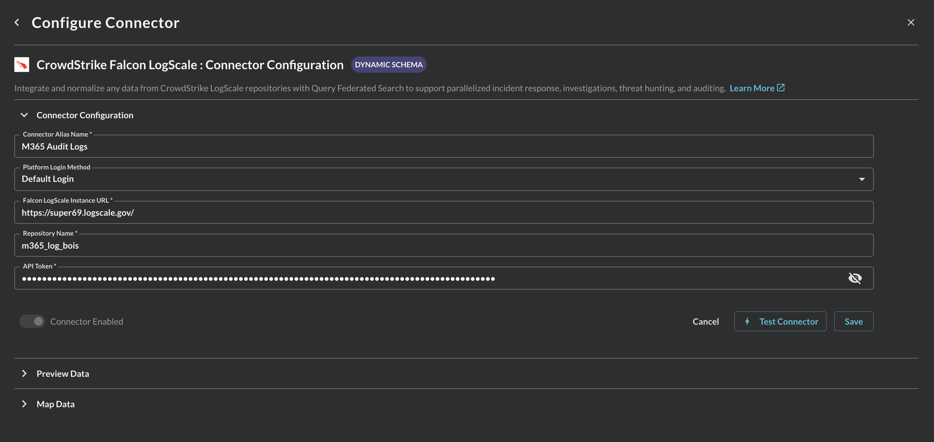 FIG. 4 - Entering the parameters for the CrowdStrike Falcon LogScale Connector