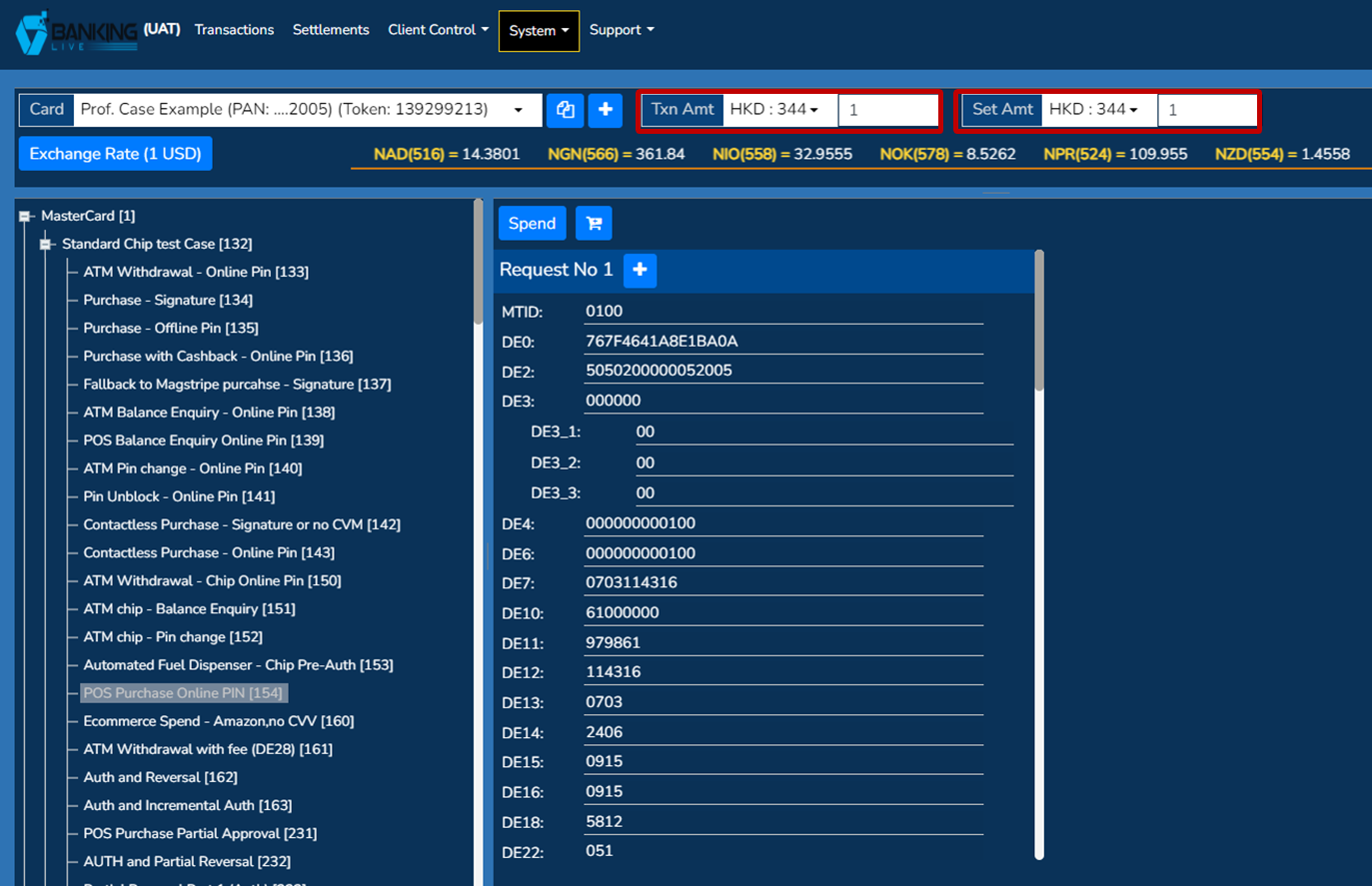 Test screen: selecting currency and input amount