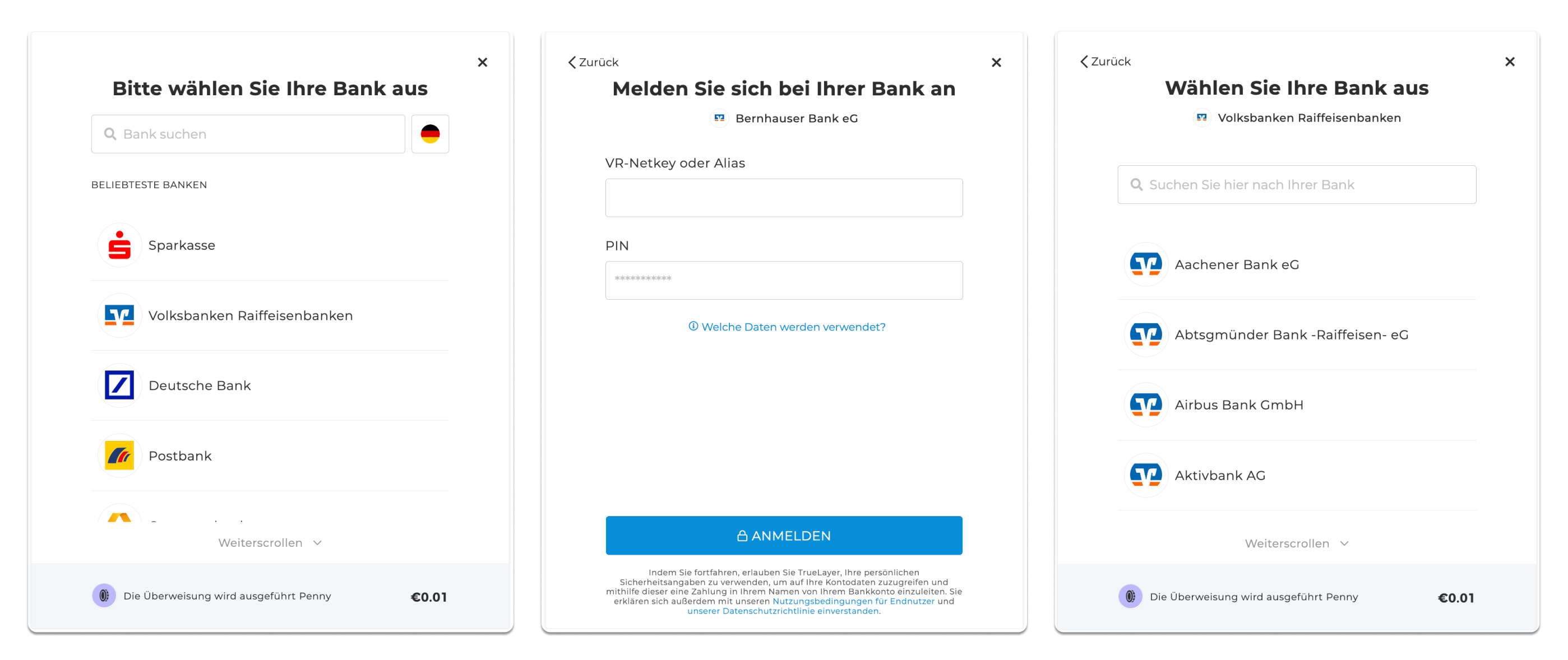 An example of the authorisation flow for German banks. This flow includes screens with additional inputs where users log in and select a branch.