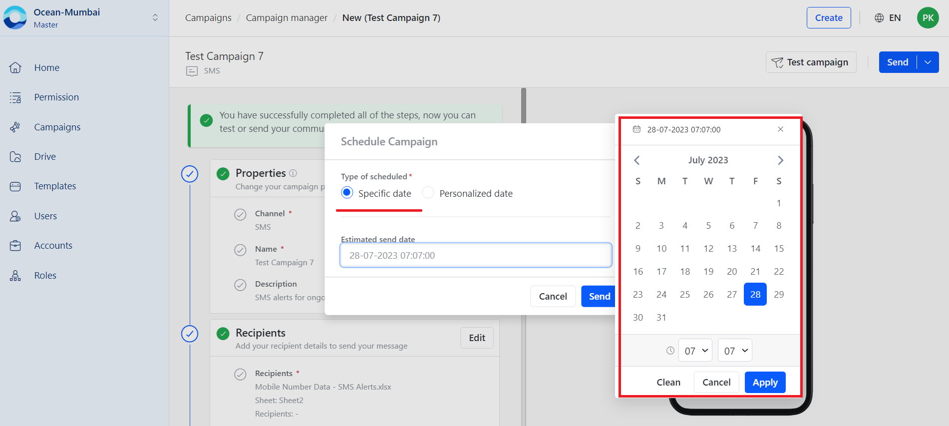 SMS specific date schedule option