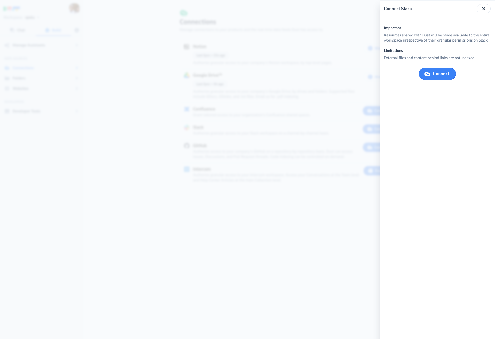 Dust modal, to select the data you want to sync with your Dust workspace.