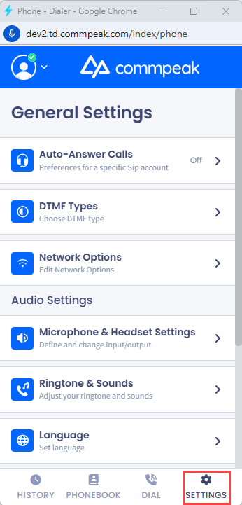 Screenshot of the Settings tab