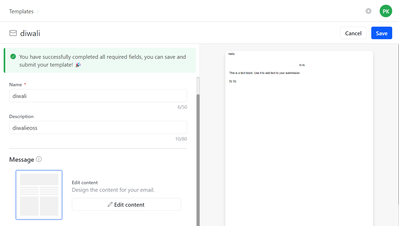 Email template creation confirmation with template ID