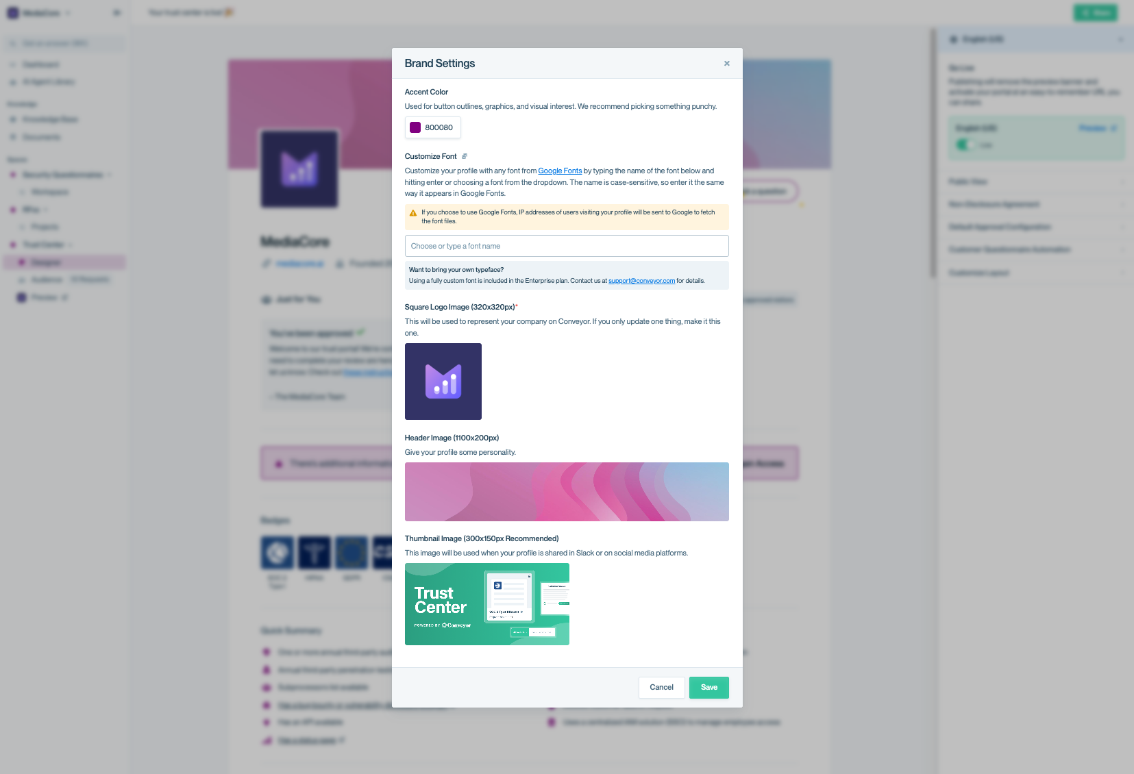 Modal window displaying Conveyor’s Trust Center “Brand Settings” options. It includes fields to set the accent color, customize the font, and upload different images: a square logo image, a header image, and a thumbnail image for social sharing. The background shows a blurred Trust Center page.