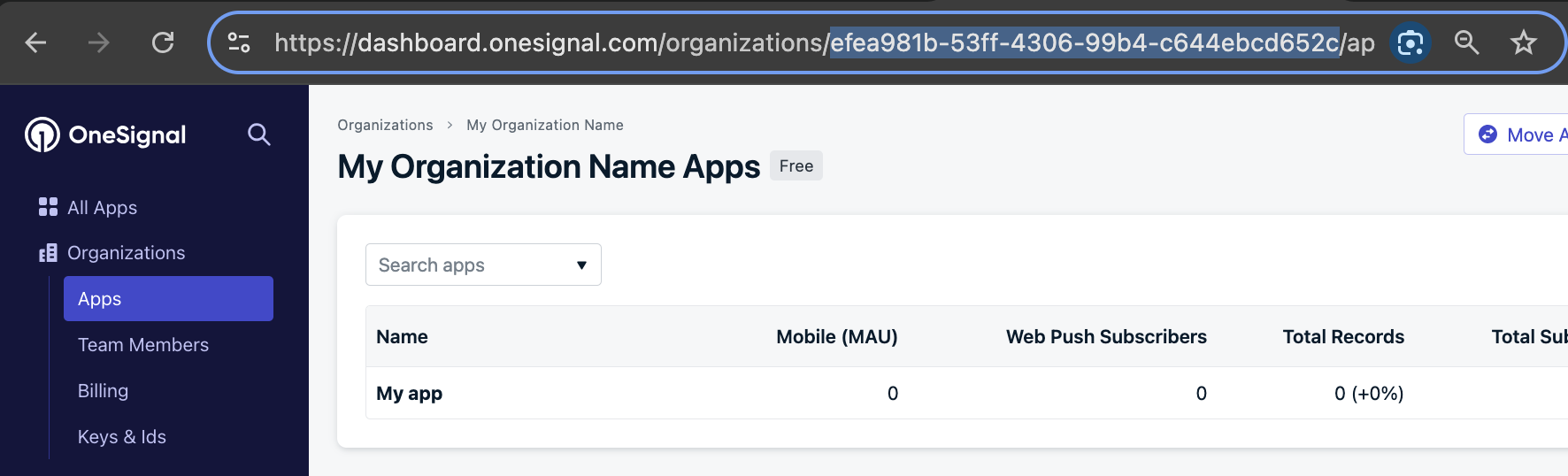 Example showing how to find your Organization ID in the OneSignal dashboard.