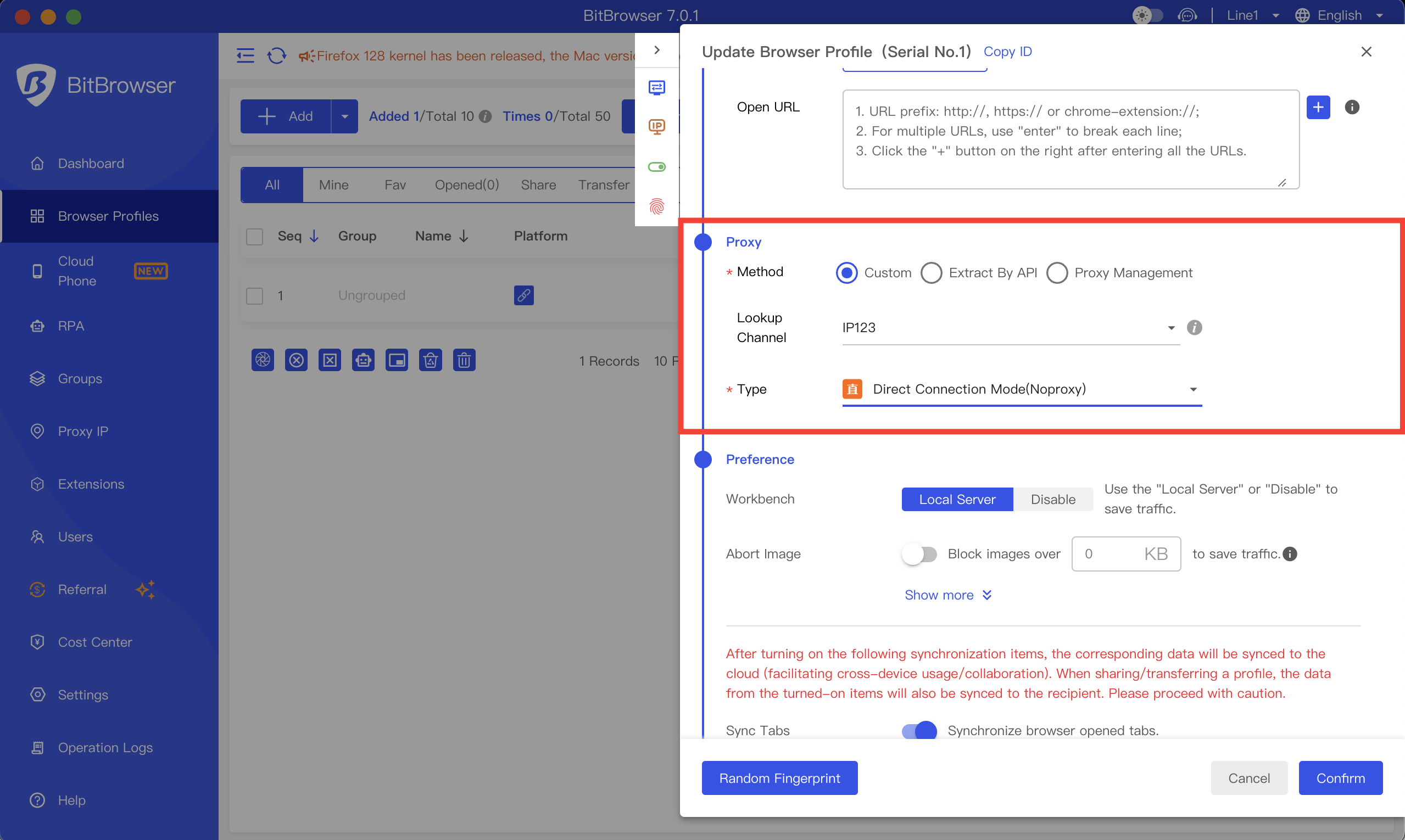 Proxy settings in profile setup