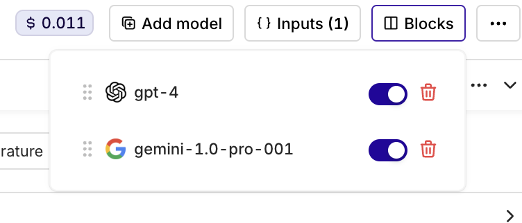 Use the **Blocks** menu to view all the models in your Playground. Toggle the models you want to see and use the bin button to delete models.