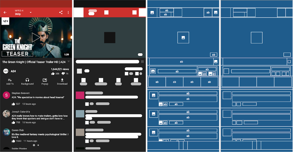 Comparing a screen captured using `native` and various `wireframe` rendering modes.
