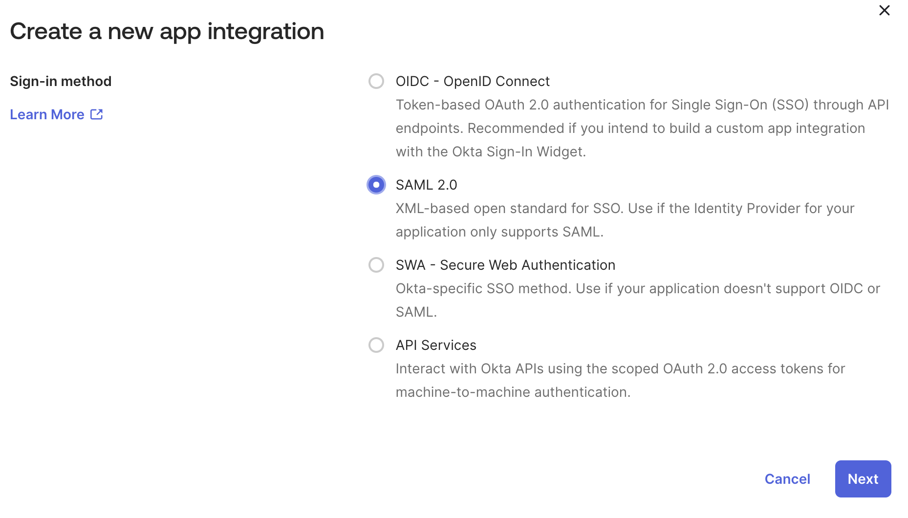 Select SAML 2.0
