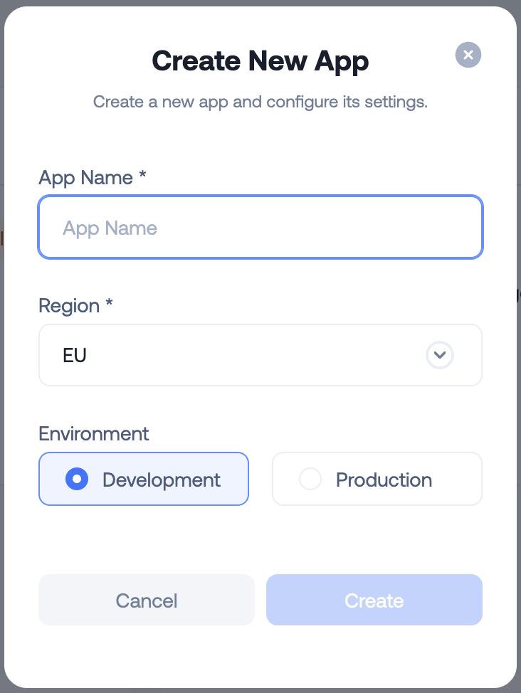 Create a New App modal