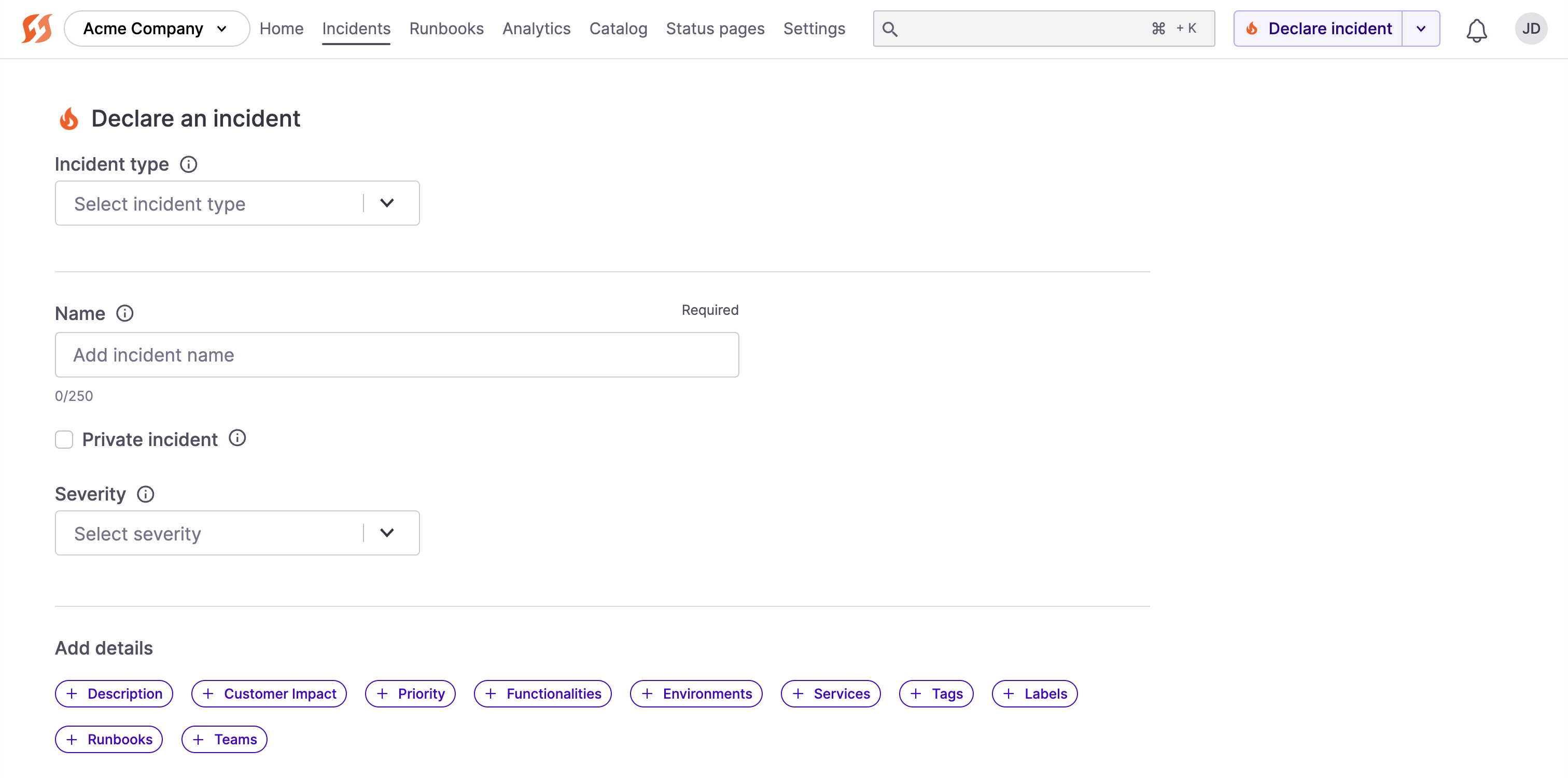 Declare incident from in the Web UI