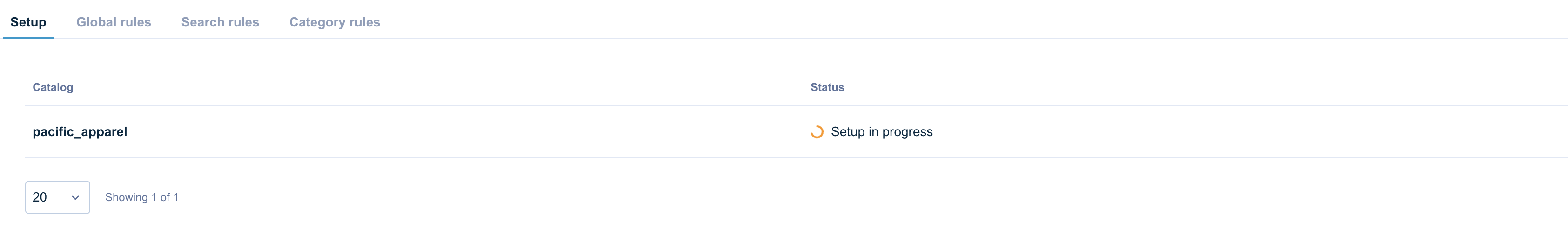 Catalog list showing Setup in progress status