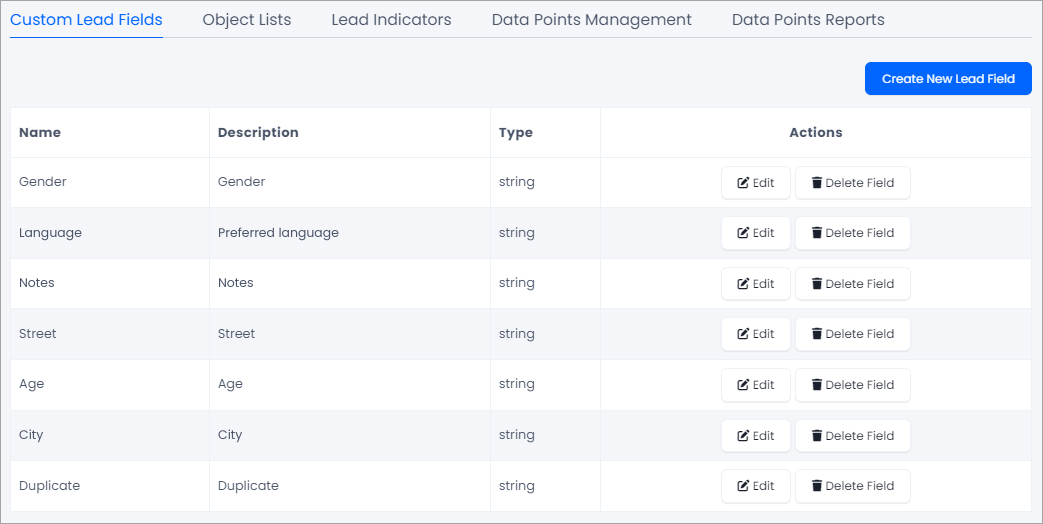 Screenshot of the Custom Lead Fields tab