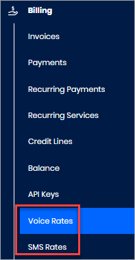 Screenshot of the Voice ans SMS Rates tabs