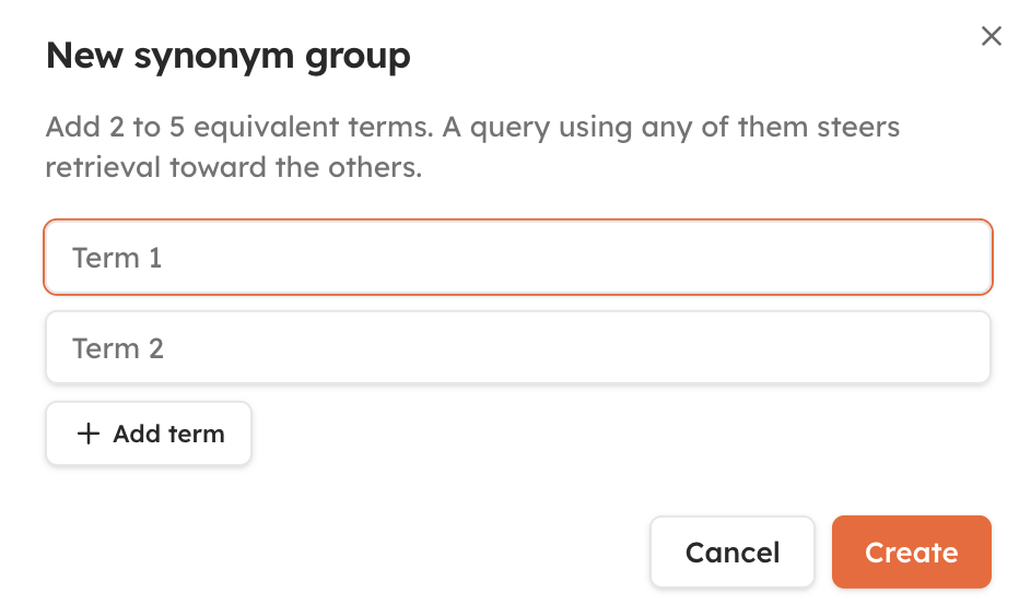 The Synonyms page with groups of interchangeable terms
