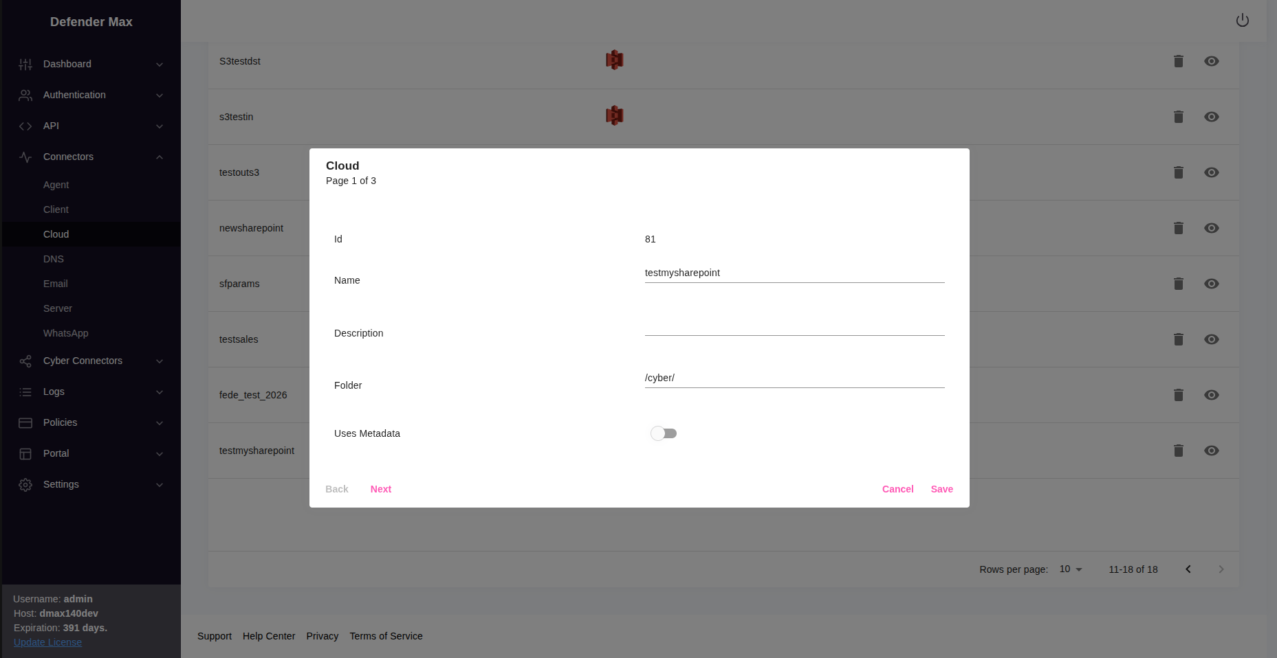 Cloud connector configuration with name and folder fields