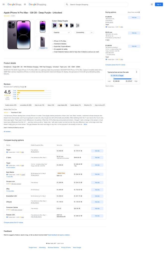 Results of ScrapeIN Google Shopping Product API