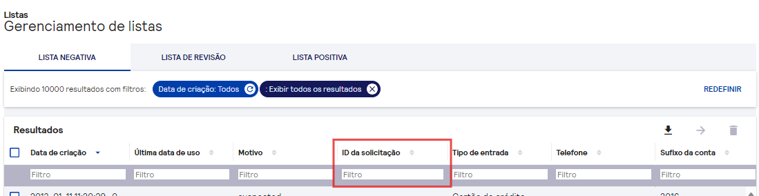 filtro de id da solicitação