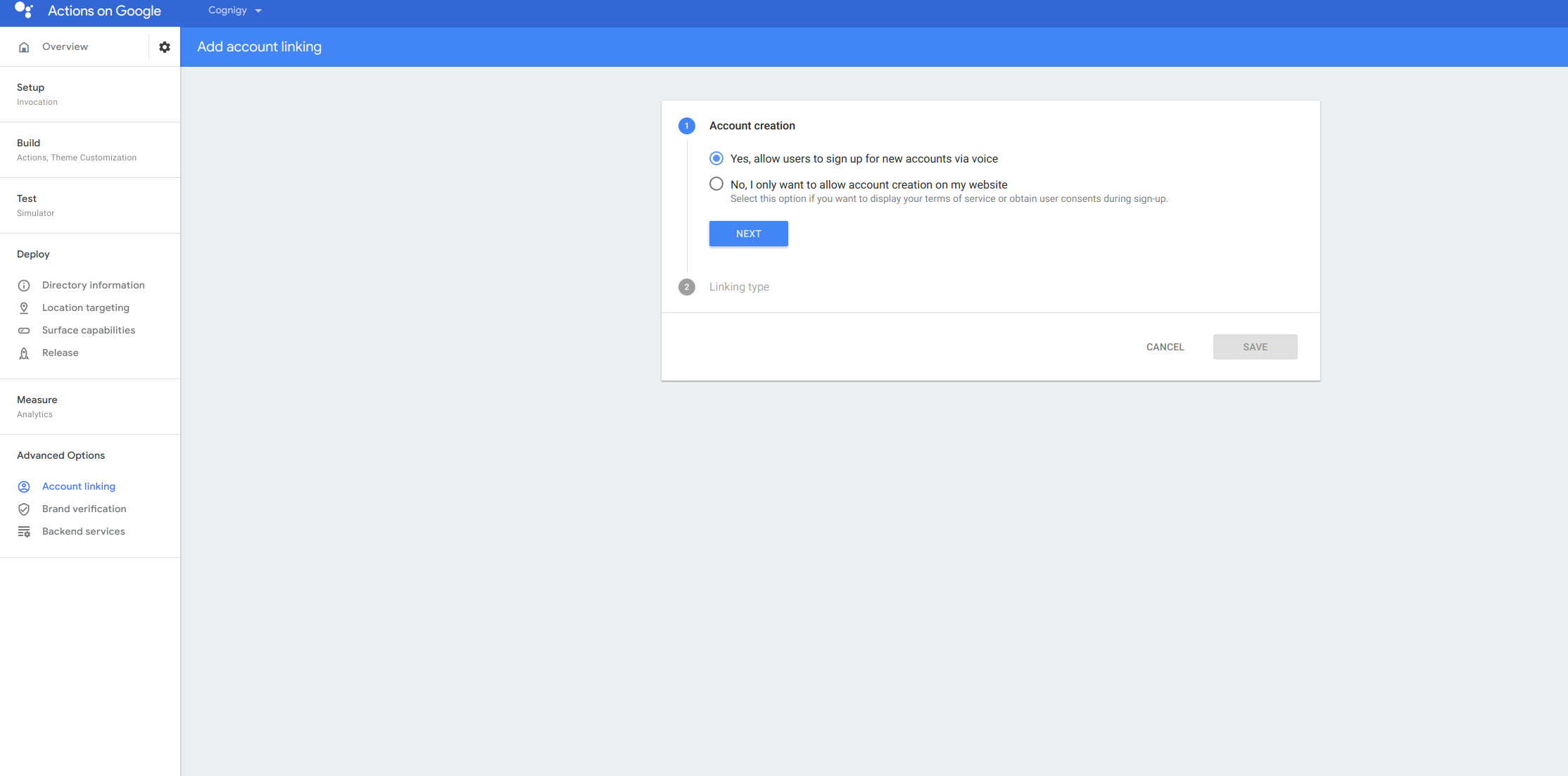 Figure: Activating Account Linking in the Google Actions Console