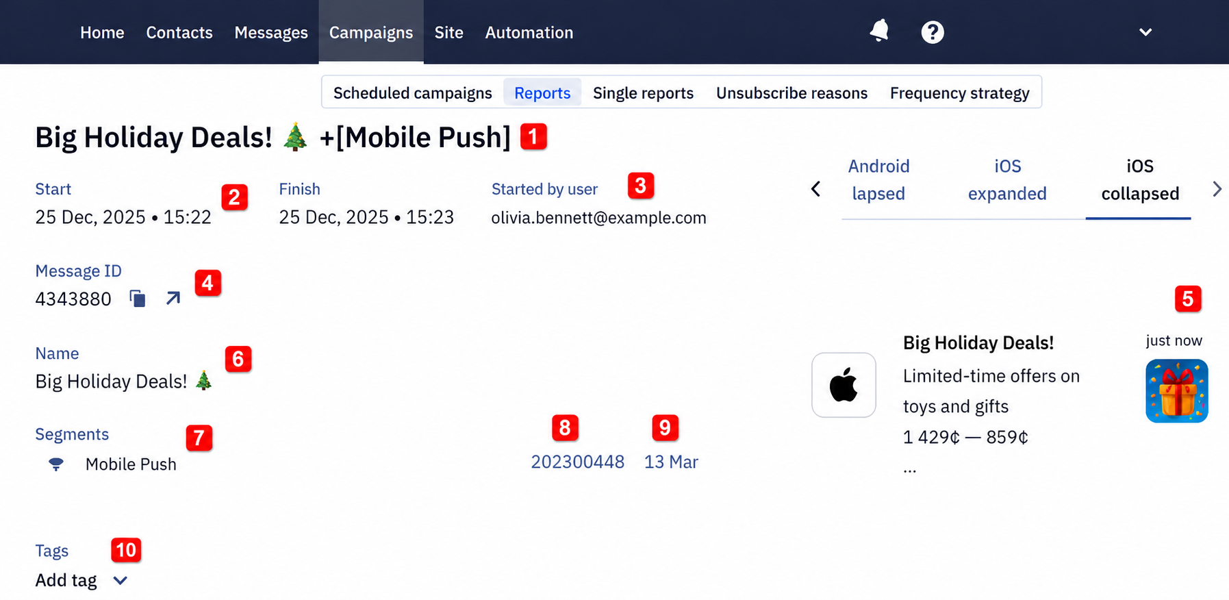 General information section of the Mobile Push campaign report