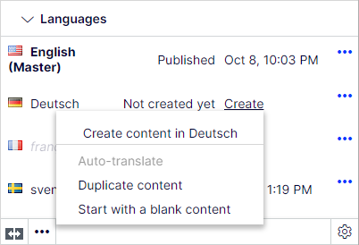 Click Create next to the language you want to translate in the Languages gadget