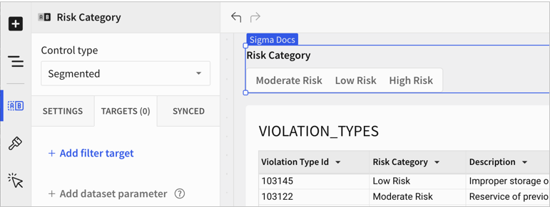 Element properties panel with the control selected, hovering over the Targets tab between Settings and Synced.