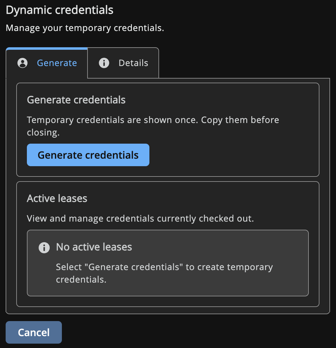 Dynamic Credentials panel for an Azure dynamic secret with a Generate Credentials button.