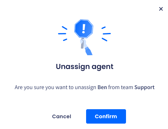 A screenshot of the dialog showing a message to confirm the removal of an agent from the inbox team and the 'Confirm' and 'Cancel' buttons.