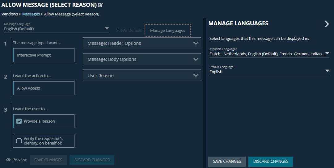 Allow Message Select Reason page with Manage Languages panel showing available and default language options