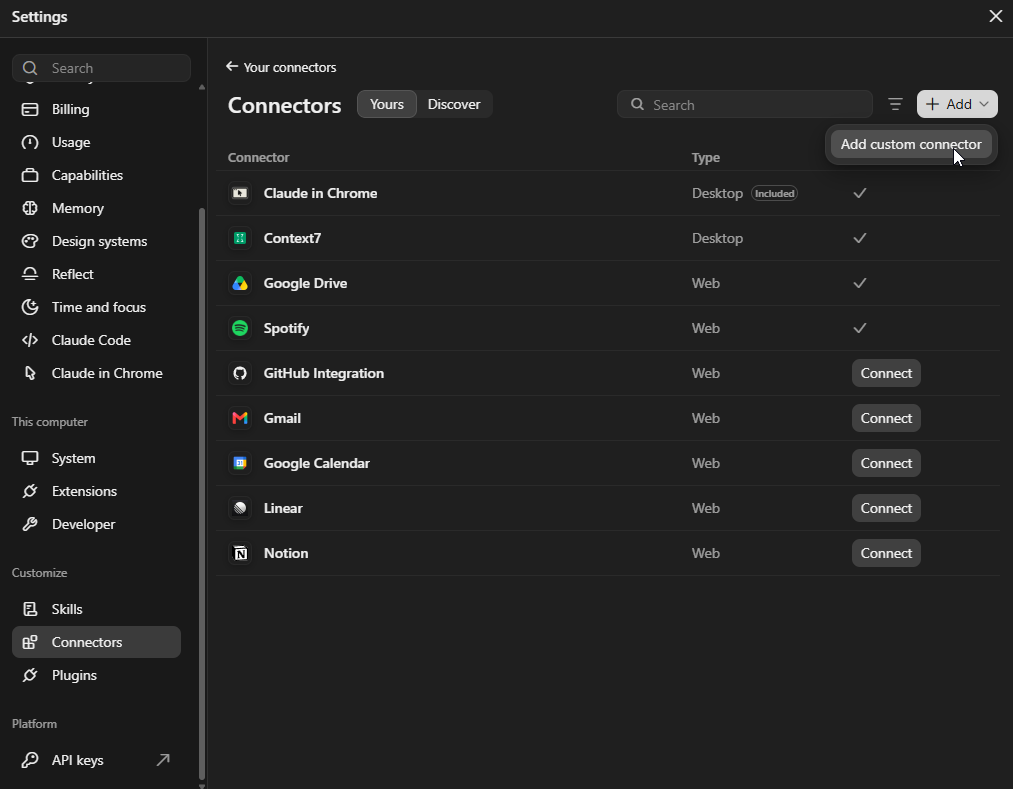 Add custom connector in Claude