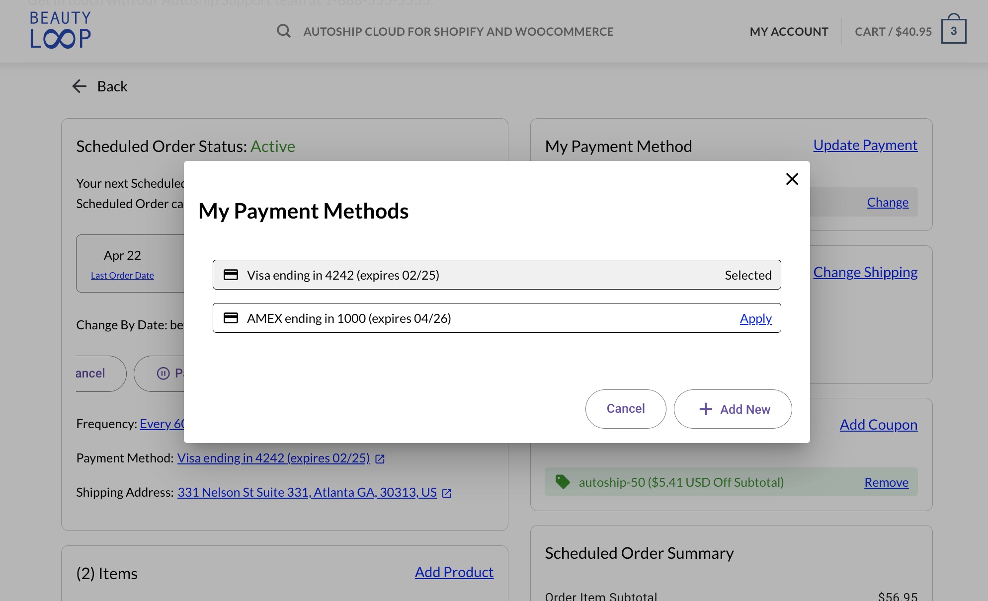 Pictured: The Update Payment Component is used by a subscriber to change their payment method.