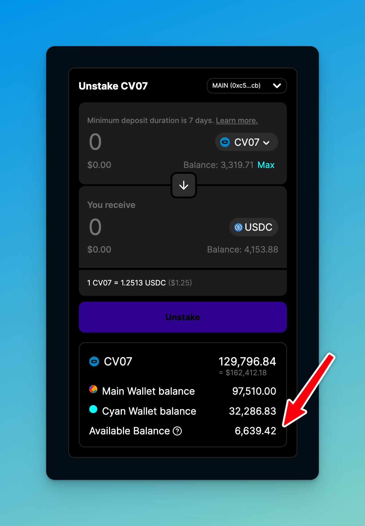 The Available Balance shown is a total between the Main and Cyan wallets