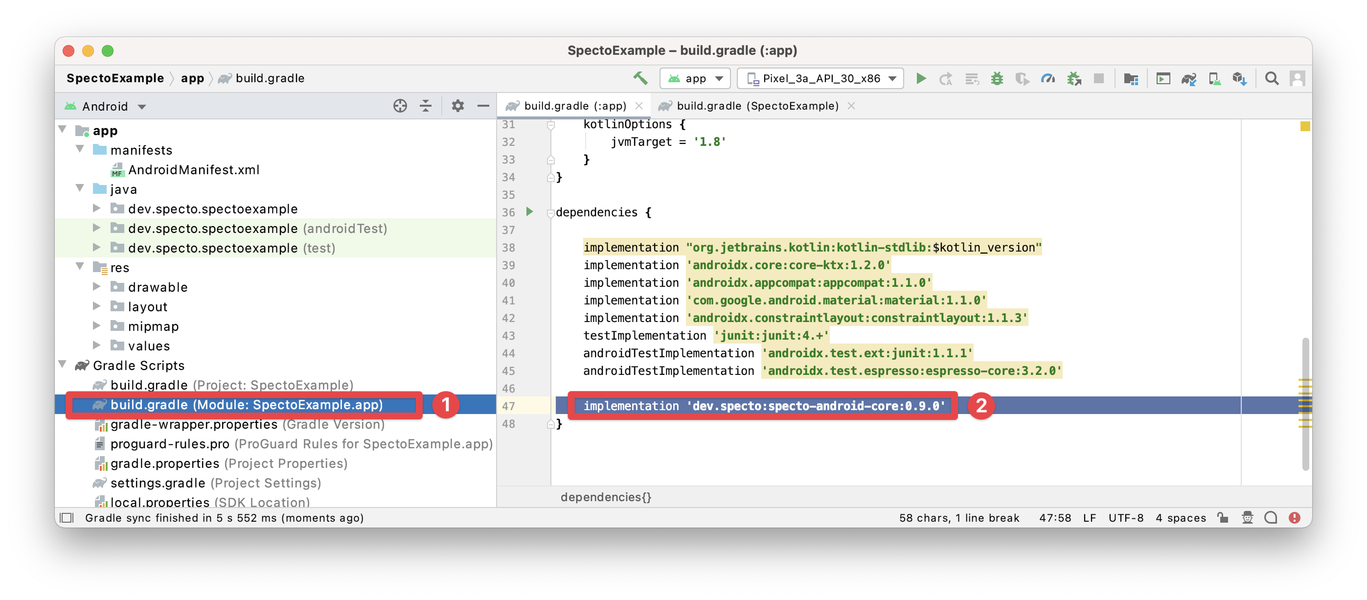 gradle-add-library.png Adding the Specto library as a dependency in build.gradle (steps 1-2)