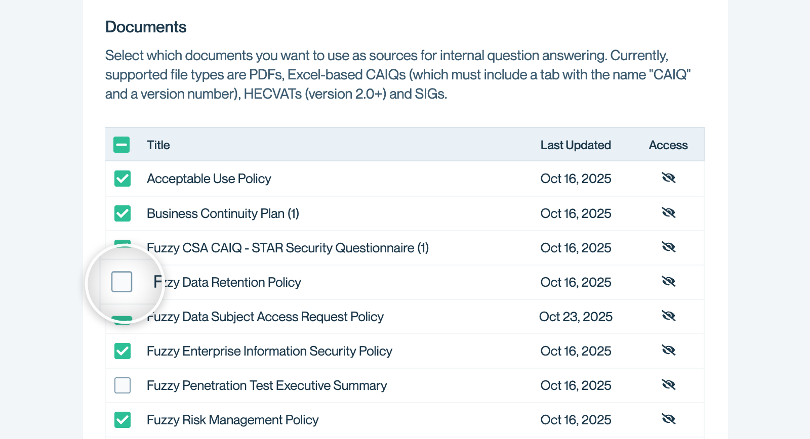 Focused on the UI of toggling on and off documents for AI use