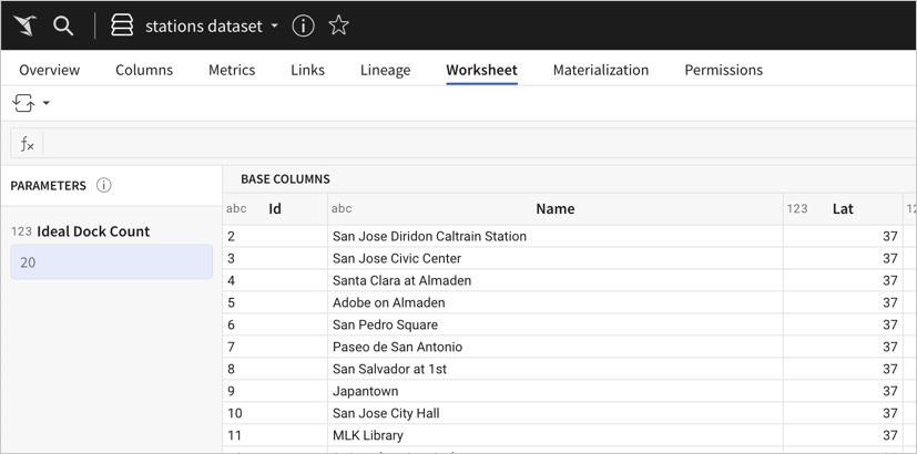 Dataset worksheet for the Stations table from the Sigma Sample Connection with a parameter for Ideal Dock Count, with a value of 20