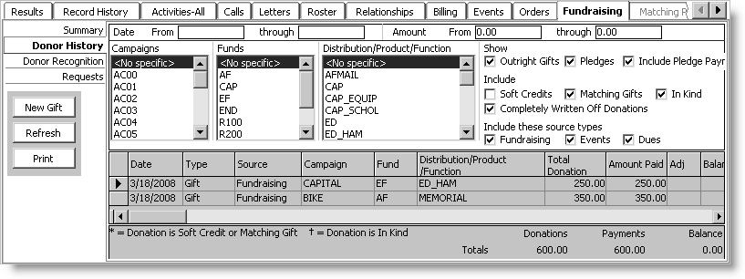 From Customers, open a customer record and select Fundraising tab > Donor History tab From Customers, open a customer record and select Fundraising tab > Donor History tab