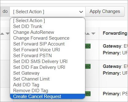 Screenshot of the screen with selection of the action to apply to DIDs