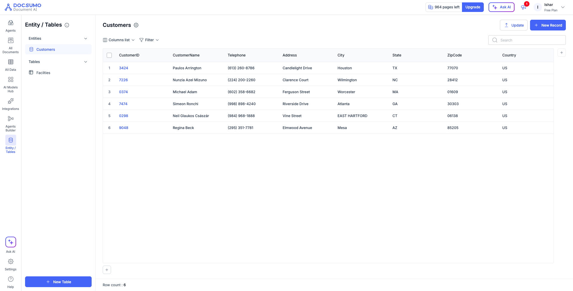 Entity / Tables page