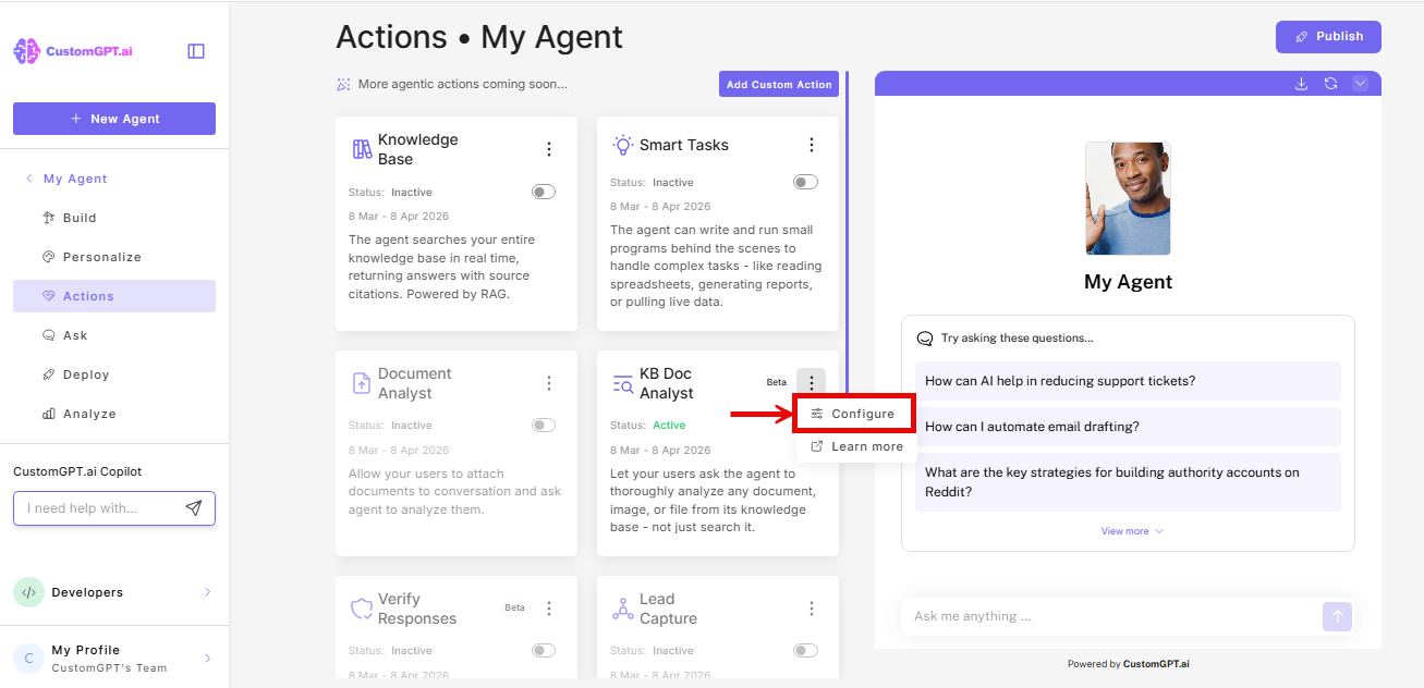 Configure options on the KB Doc Analyst card